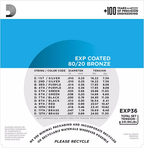 EXP36 COATED 80/20 Струны для 12-струнной акустической гитары 12-String Extra Light10-47 D`Addario