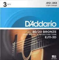 Bronze 80/20 Струны для акустической гитары, бронза, 12-53, 3 комплекта, D'Addario, EJ11-3D