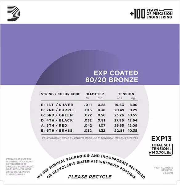 EXP13 COATED 80/20 Струны для акустической гитары Custom Light 11-52 D`Addario