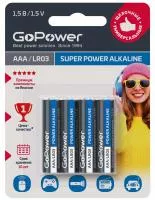 Super Power Alkaline Элемент питания AAA/LR03 щелочной 1.5В, 4шт, GoPower, 00-00015602