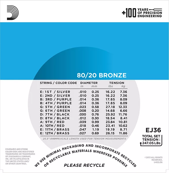 EJ36 BRONZE 80/20 Струны для акустической 12-струннойгитары бронза 12-srt Light 10-47 D`Addario