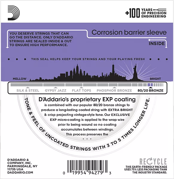 EXP13 COATED 80/20 Струны для акустической гитары Custom Light 11-52 D`Addario