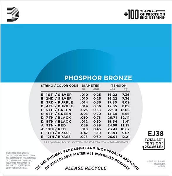 EJ38 Phosphor Bronze Комплект струн для акустической 12-струнной гитары, Light, 10-47, D'Addario