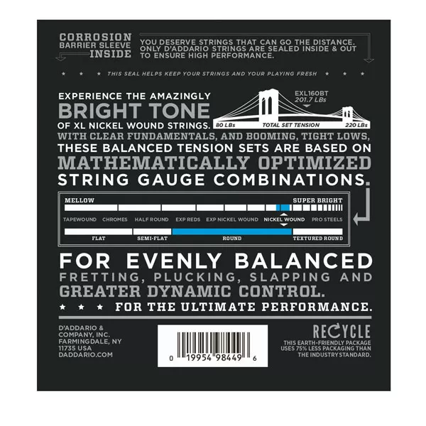 EXL160BT Nickel Wound Комплект струн для бас-гитары, сбаланс. натяжение, Medium, 50-120, D'Addario