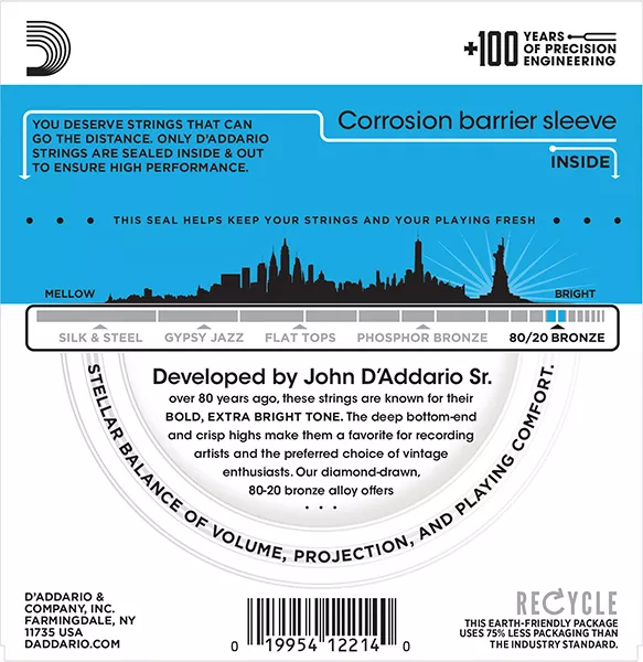 EJ36 BRONZE 80/20 Струны для акустической 12-струннойгитары бронза 12-srt Light 10-47 D`Addario