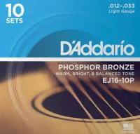 Phosphor Bronze Струны для акустической гитары фосф.бронза, 10 комплектов, 12-53, D'Addario, EJ16-10P
