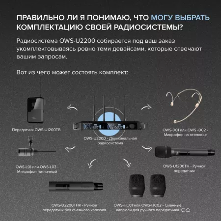 Двухканальная радиосистема, ручной, головной, петличный микрофон, Октава, OWS-U2200HD01L02-B