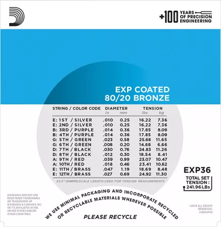 EXP36 COATED 80/20 Струны для 12-струнной акустической гитары 12-String Extra Light10-47 D`Addario