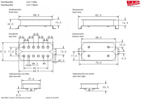 212N 2 in 1 Neck размеры Хамбакера с регулируемыми магнитоводами SCHALLER