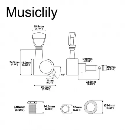 Колки для гитары 3+3, черные, Musiclily, MX1345BK-3MX1346BK-3