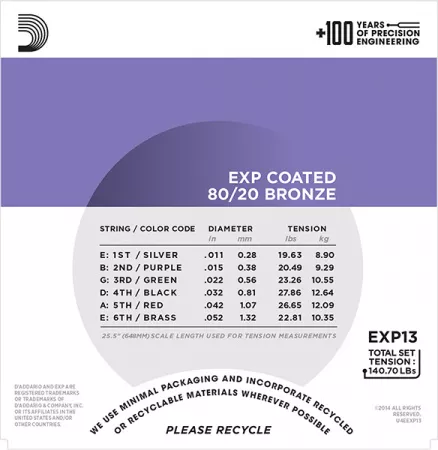 EXP13 COATED 80/20 Струны для акустической гитары Custom Light 11-52 D`Addario