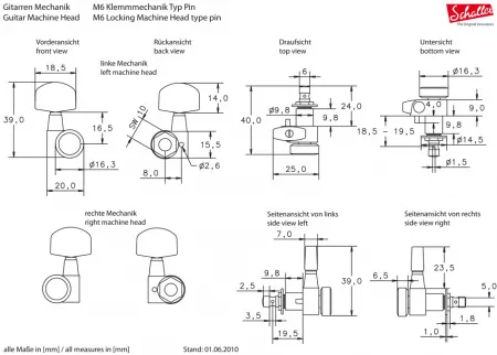 2000P M6CHL P I.-Locking Размеры комплекта колковой механики запирающейся SCHALLER