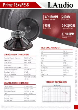 Динамик 18", 1200Вт, 8 Ом, LAudio, Prime-18xsFE-8