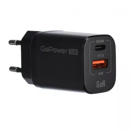 Сетевое З/У GPQC09 1USB+1Type-C 35W QC3.0 GAN черный, GoPower, 00-00028403