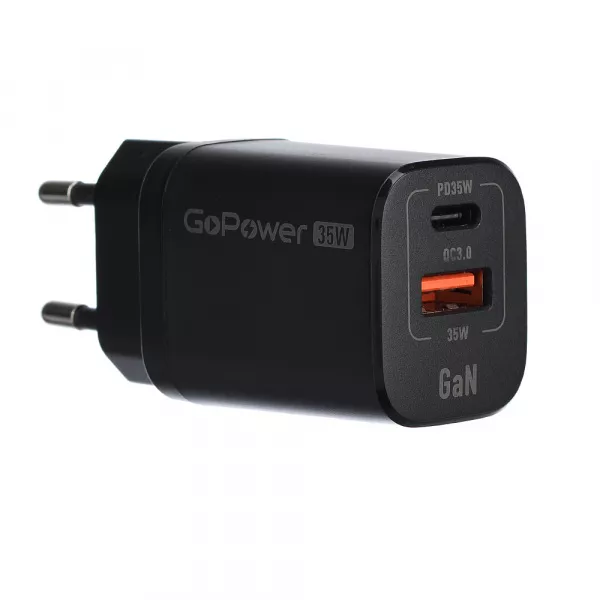 Сетевое З/У GPQC09 1USB+1Type-C 35W QC3.0 GAN черный, GoPower, 00-00028403  рис.2 