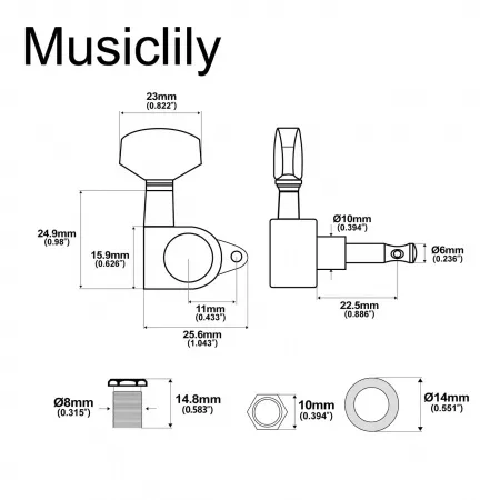 Колки для гитары 3+3, черные, Musiclily, MX1348BK-3MX1349BK-3