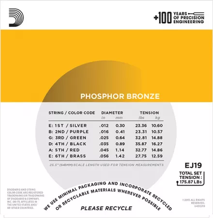 EJ19 Phosphor Bronze Комплект струн для акустической гитары, ф/б, Bluegrass, 12-56, D'Addario