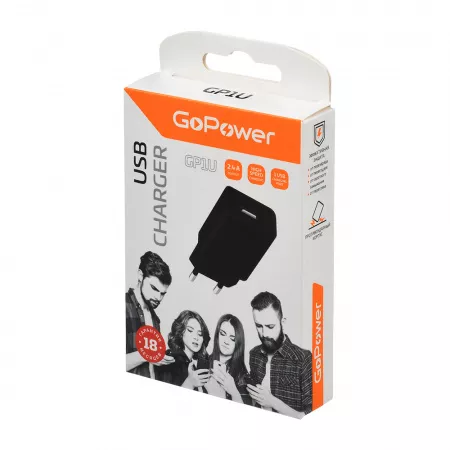 Сетевое зарядное устройство GP1U 1USB 2.4A 12W, черный, GoPower, 00-00019857