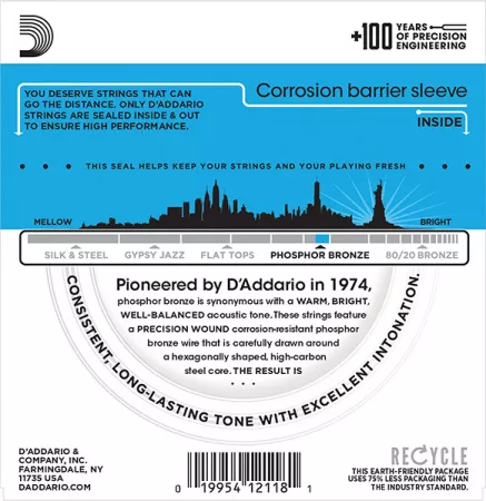 EJ38 Phosphor Bronze Комплект струн для акустической 12-струнной гитары, Light, 10-47, D'Addario
