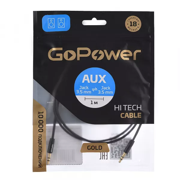 Кабель AUX 3.5мм (m)- 3.5мм (m), 1.0м, TPE черный, в пакете, GoPower, 00-00027478  рис.2 