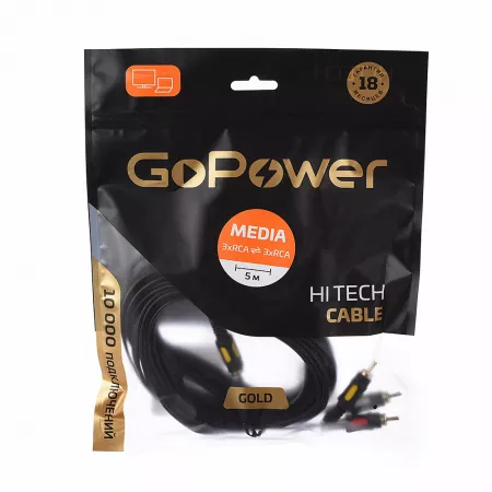 Кабель 3xRCA (m)-3xRCA (m) 5.0м ПВХ, черный, в пакете, GoPower, 00-00027486