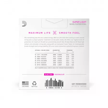 XS Nickel Струны для электрогитары, никелированные, 09-42, 2 комплекта, D'Addario, XSE0942-2P