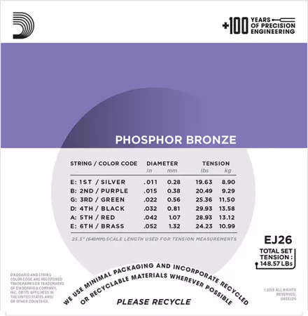 EJ26 PHOSPHOR BRONZE Струны для акустической гитары фосфорная бронза Custom Light 11-52 D`Addario