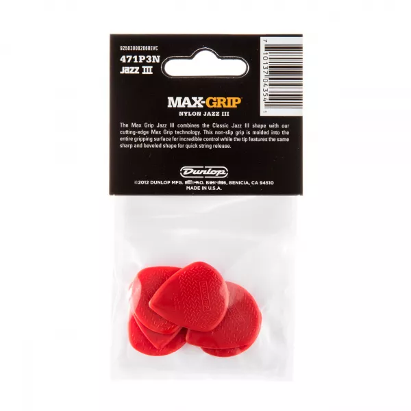 Max-Grip Nylon Jazz III Медиаторы 6шт, толщина 1,38мм, красные, Dunlop, 471P3N  рис.2 