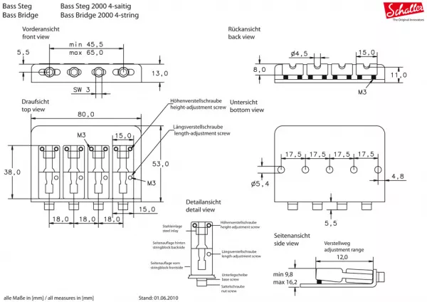 2334 Bassbridge 2000 4 CH BCРазмеры бриджа (струнодержателя) для 4-х струнной бас-гитары SCHALLER