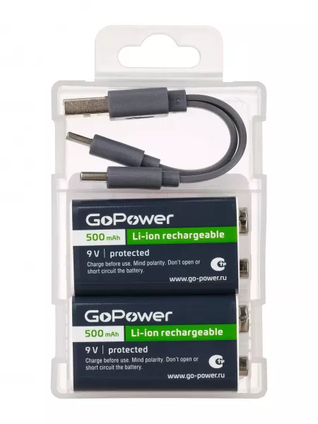Аккумулятор бытовой Крона Li-ion 9В 500мАч Type-C, 2шт, GoPower, 00-00031391  рис.2 
