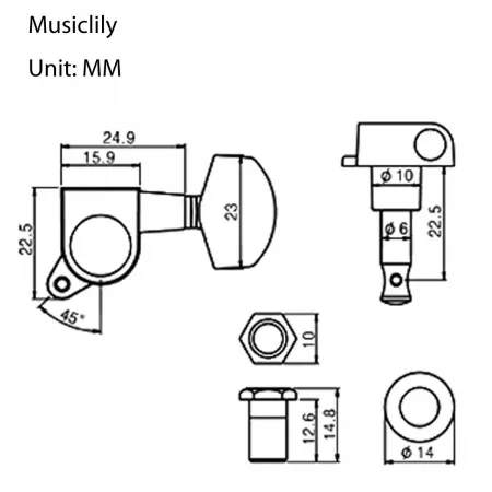 Колки для гитары, 3+3, локовые, черные, Musiclily, MX1630BK-3MX1631BK-3
