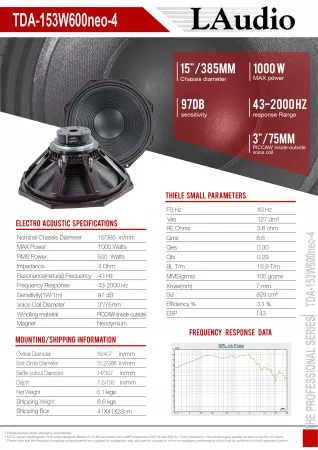 Динамик 15", 500Вт, 4 Ом, LAudio, TDA-153W600neo-4