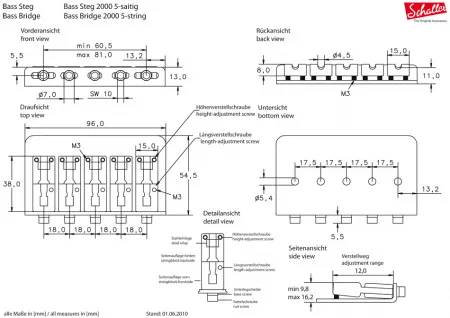 23354 Bassbridge 2000 5 CH Размеры бриджа (струнодержателя) для 5-ти струнной бас-гитары SCHALLER