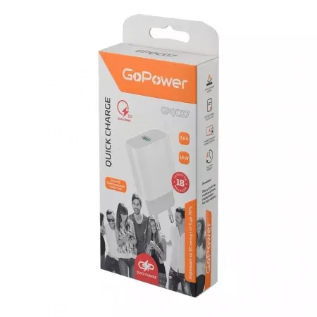 Сетевое зарядное устройство GPQC07 1USB 18W QC3.0, белый, GoPower, 00-00022767