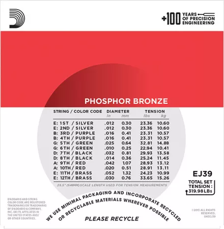 EJ39 Phosphor Bronze Комплект струн для акустической 12-струнной гитары, Medium, 12-52, D'Addario