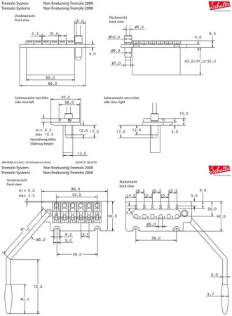 5375 Tremolo 2000 Размеры бриджа (струнодержателя) тремоло 2000 SCHALLER
