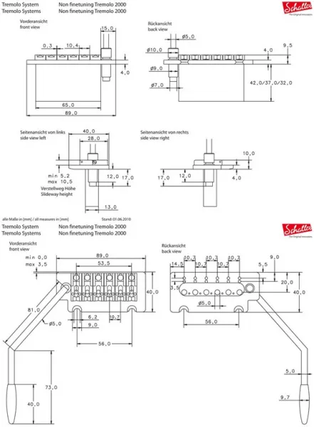 5375 Tremolo 2000 Размеры бриджа (струнодержателя) тремоло 2000 SCHALLER
