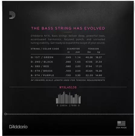 NYXL45130 NYXL Комплект струн для 5-струнной бас-гитары, Long Scale, Reg Light, 45-130, D'Addario