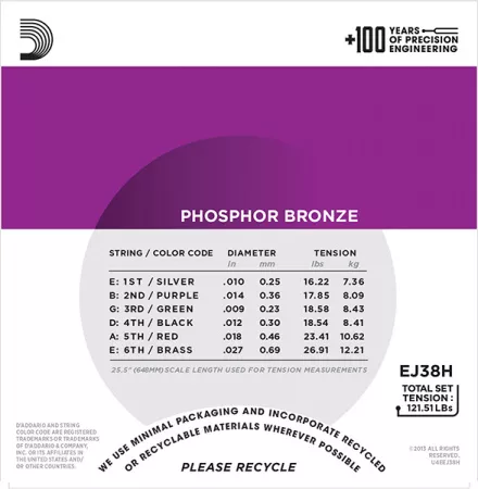 EJ38H Phosphor Bronze Комплект струн для акустической гитары, High Strung/Nashvil, 10-27, D'Addario