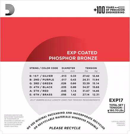 EXP17 Coated Phosphor Bronze Комплект струн для акустической гитары, Medium, 13-56, D'Addario