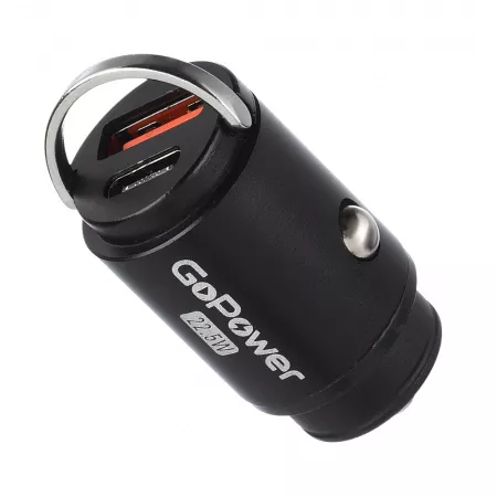 Автомобильное З/У GPQC12 1USB+1Type-C 22.5W Mini черный, GoPower, 00-00028409