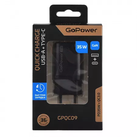 Сетевое З/У GPQC09 1USB+1Type-C 35W QC3.0 GAN черный, GoPower, 00-00028403