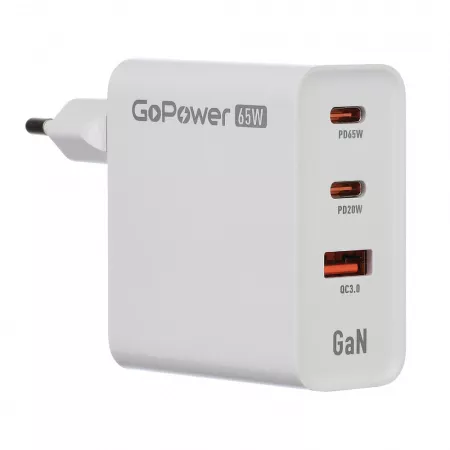 Сетевое З/У GPQC10 1USB+2Type-C 65W QC3.0 GAN белый, GoPower, 00-00028405