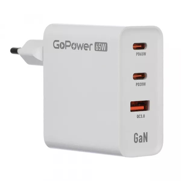 Сетевое З/У GPQC10 1USB+2Type-C 65W QC3.0 GAN белый, GoPower, 00-00028405  рис.2 