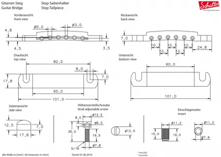 149061 Stop Tailpiece BH Размеры бриджа (струнодержателя) SCHALLER