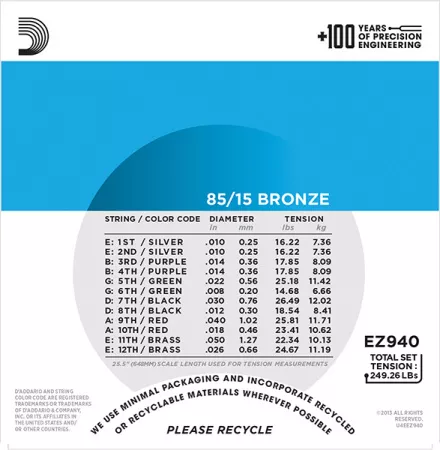 EZ940 AMERICAN BRONZE 85/15 Струны для 12-струнной акустической гитары Light 10-47 D`Addario