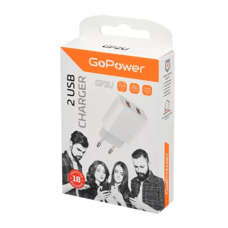 Сетевое зарядное устройство GP2U 2USB 2.4A 12W, белый, GoPower, 00-00018570