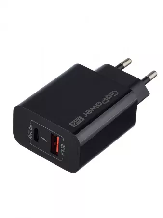 Сетевое зарядное устройство GPQC08, 1USB+1Type-C, 20Вт QC3.0, черный, GoPower, 00-00030975
