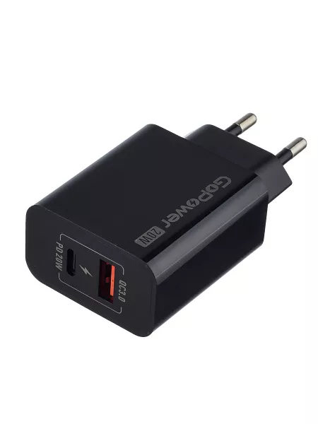 Сетевое зарядное устройство GPQC08, 1USB+1Type-C, 20Вт QC3.0, черный, GoPower, 00-00030975  рис.2 