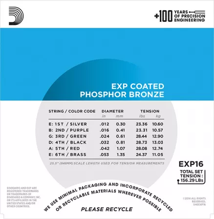 EXP16 Coated Phosphor Bronze Комплект струн для акустической гитары, Light, 12-53, D'Addario